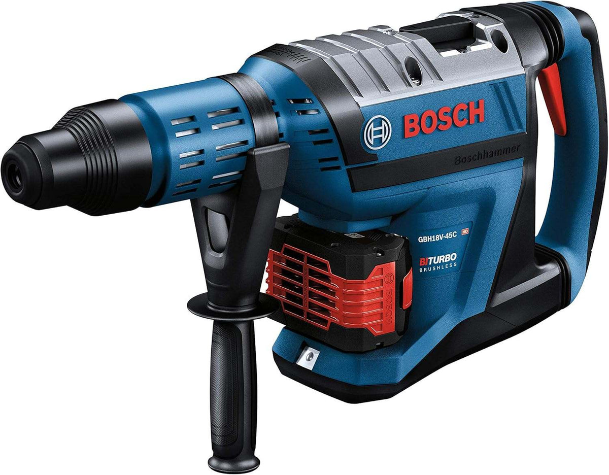 Angled front profile of the Bosch PROFACTOR 18V Hitman SDS-max cordless rotary hammer showcasing the rugged blue exterior, adjustable auxiliary side handle, and installed CORE18V high-capacity battery.