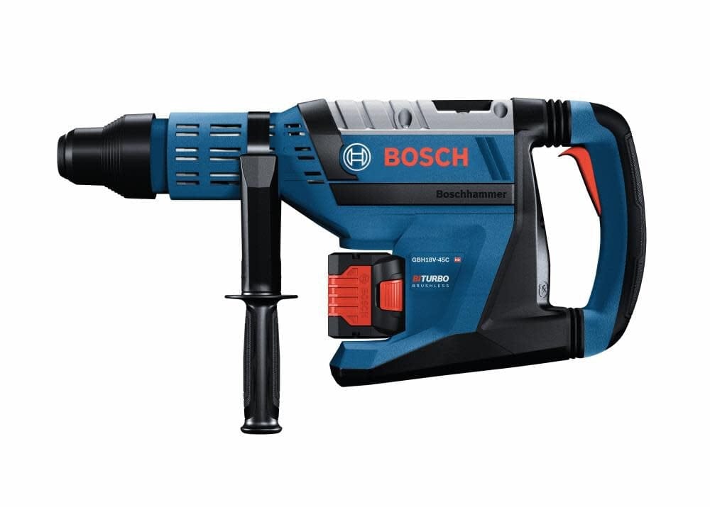 Side profile view of the Bosch GBH18V-45CK24 PROFACTOR 18V Hitman 1-7/8 inch SDS-max rotary hammer equipped with an 8.0 Ah lithium-ion battery for heavy-duty concrete drilling and chipping.