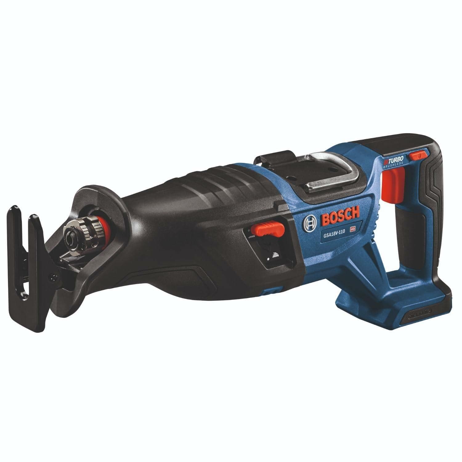 Side view of Bosch GSA18V-110 reciprocating saw with blade clamp, ergonomic grip, and trigger switch. Branding and model number clearly visible. Designed for heavy-duty cordless cutting tasks.