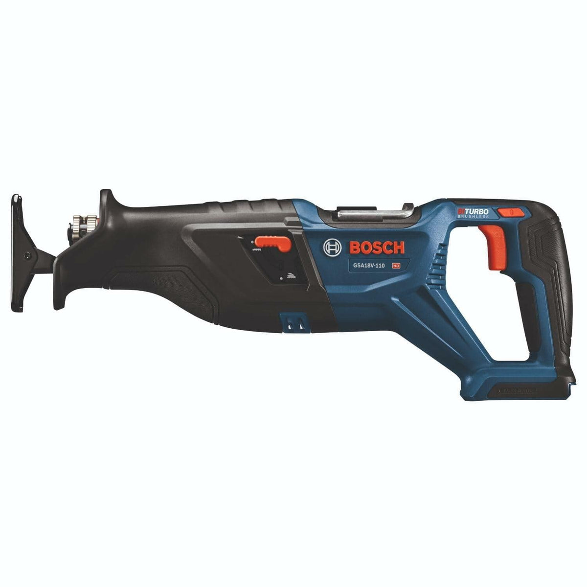 Bosch GSA18V-125 reciprocating saw with visible blade clamp, rubberized grip, and “TURBO” mode switch. Blue and black cordless tool designed for high-performance cutting across materials.