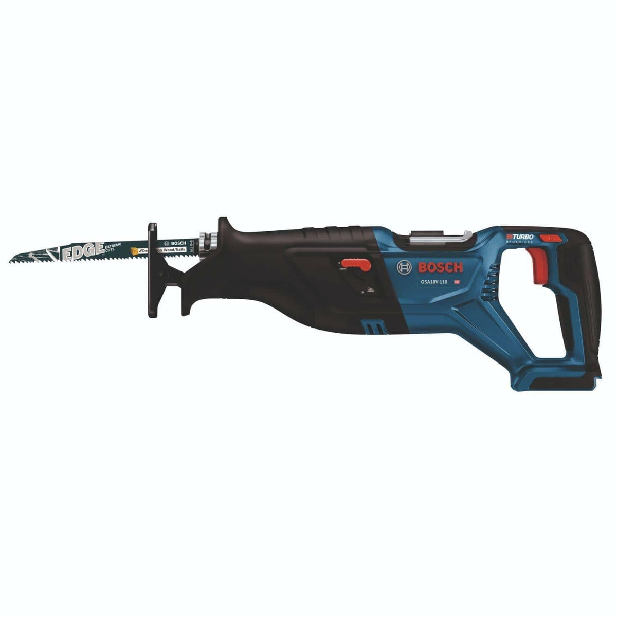 Bosch GSA18V-110 reciprocating saw with long serrated blade attached. Blue and black body with red accents, labeled “Turbo.” Designed for cutting wood, metal, and plastic in jobsite conditions.
