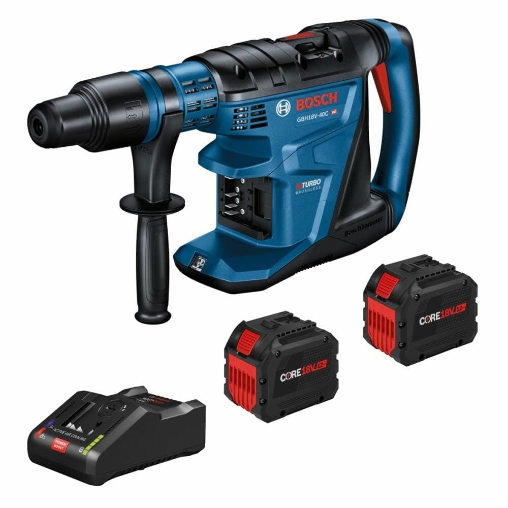 Bosch GBH18V-40C rotary hammer kit including drill, two CORE18V batteries, and turbo charger. Tool features side handle and BITURBO Brushless label. Batteries have red cooling fins