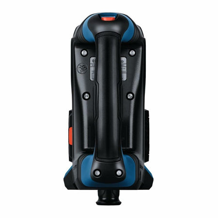 Top view of battery-powered strapping tool with ergonomic handle and control buttons. Black and blue body with orange accents. Designed for tensioning and sealing plastic strapping in packaging applications.