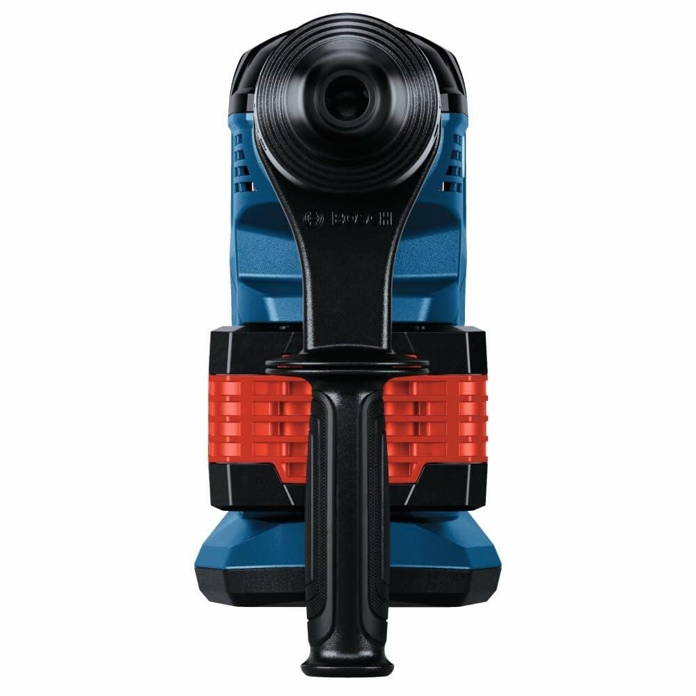 Front view of Bosch handheld electric planer with cylindrical cutting drum, black grip handle, and red adjustment knobs. Compact design for woodworking and surface smoothing tasks.