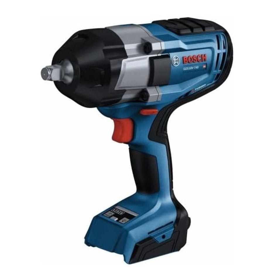 Perspective view of the Bosch GDS18V-740 PROFACTOR 18V 1/2-inch high-torque impact wrench highlighting the BITURBO brushless motor housing and friction ring anvil.