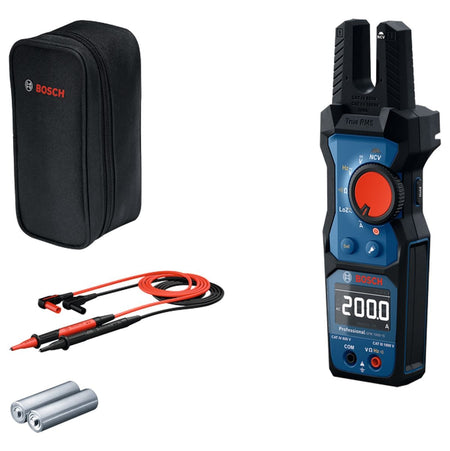 Bosch PRO GFM1000-15 Open Fork Meter complete kit displaying all original included components. The true RMS electrical multi tester tool sits vertically next to its premium flexible red and black silicone test leads, two standard AA batteries for power flexibility, and a heavy duty zippered black fabric carrying pouch featuring the red Bosch logo.