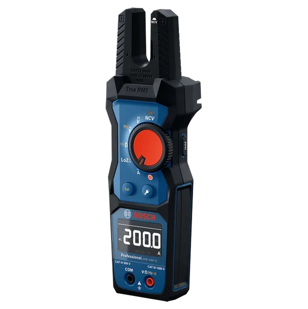 A close up front angled view of the standalone Bosch PRO GFM1000-15 Professional True RMS Open Fork Meter electrical tester. The design shows the open jaw testing fork, blue and black rubber reinforced housing, large red rotary selection dial, dual push buttons, and an inverted high contrast LCD screen displaying an active 200.0 Amp reading.