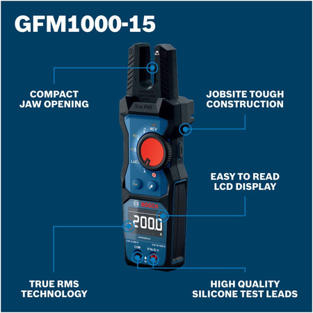 Bosch PRO GFM1000-15 Open Fork Meter infographic diagram mapping out core tool features for enhanced search engine algorithms. Diagnostic indicator lines against a dark blue background call out the compact jaw opening, jobsite tough construction, True RMS technology, easy to read LCD display, and high quality silicone test leads.
