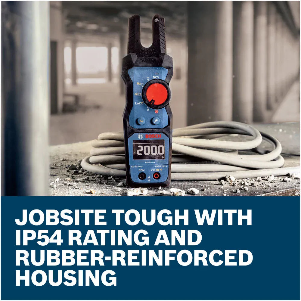 The rugged Bosch PRO GFM1000-15 Digital Fork Meter standing vertically on a dusty jobsite surface in front of a coiled industrial power cable. The lower marketing graphic reads Jobsite tough with IP54 rating and rubber-reinforced housing, demonstrating high protection against heavy dust and water exposure.