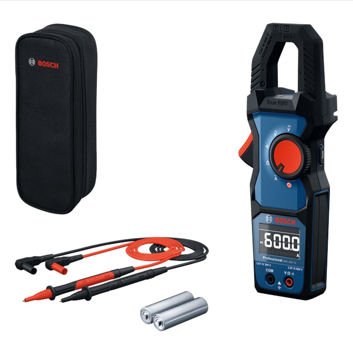 Bosch PRO GMC 600-15 Digital Clamp Meter kit showcasing all included pieces. The professional True RMS electrical tester with a current sensing hinged jaw is arranged next to its high quality red and black silicone test leads, two standard AA batteries for dual power flexibility, and a protective black zippered carrying case featuring a red Bosch logo.