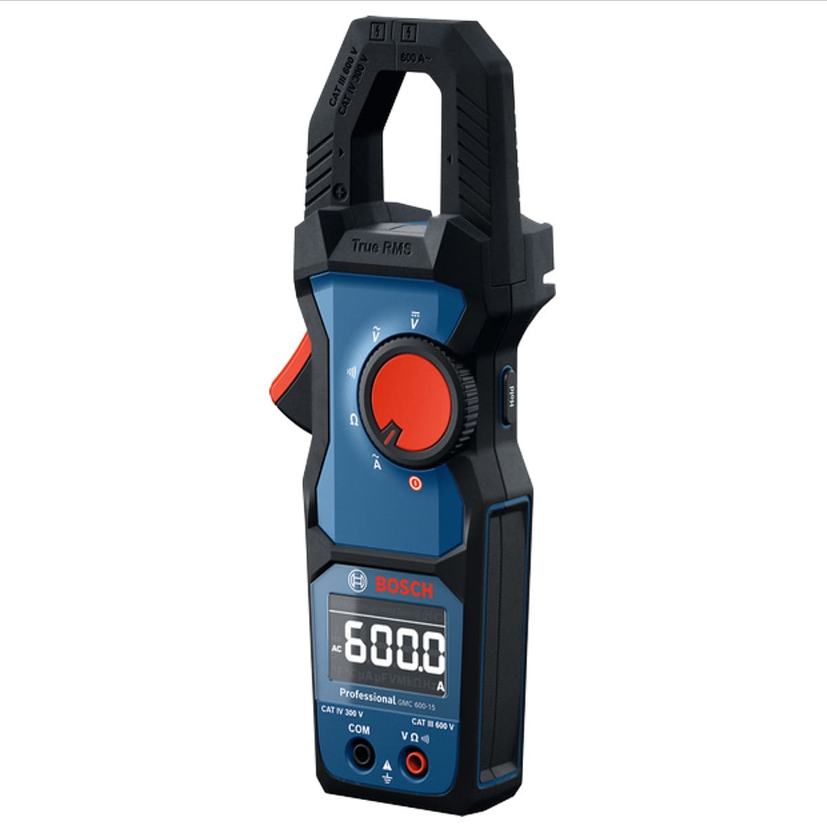 A full front view of the standalone Bosch PRO GMC 600-15 Professional True RMS Digital Clamp Meter tool. The high conversion product image highlights the large current sensing hinged jaw, red center selection dial, red jaw trigger, and inverted digital LCD screen displaying a clear 600.0 Amp reading.