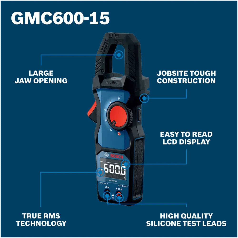 Bosch PRO GMC 600-15 Digital Clamp Meter feature diagram optimized for search engine algorithms. Diagnostic callouts on a dark blue background label the tool's key features, including its large jaw opening, jobsite tough construction, True RMS technology, easy to read LCD display, and high quality silicone test leads.