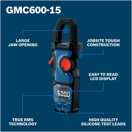 Bosch PRO GMC 600-15 Digital Clamp Meter feature diagram optimized for search engine algorithms. Diagnostic callouts on a dark blue background label the tool's key features, including its large jaw opening, jobsite tough construction, True RMS technology, easy to read LCD display, and high quality silicone test leads.