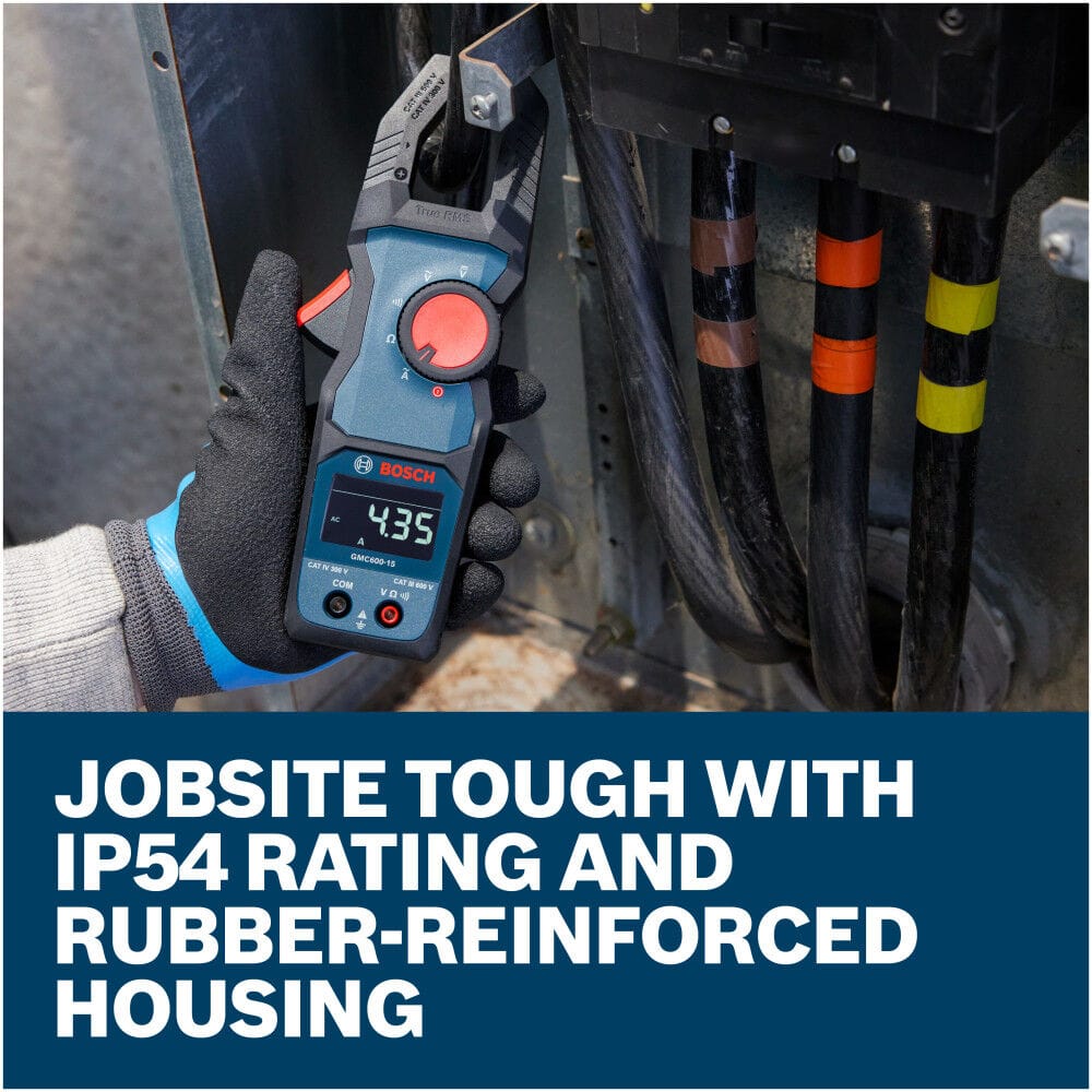 An electrician wearing protective work gloves using the Bosch PRO GMC 600-15 Digital Clamp Meter to troubleshoot wires inside a commercial breaker panel. The lower text reads Jobsite tough with IP54 rating and rubber-reinforced housing, demonstrating real world use of the tool in demanding structural conditions.