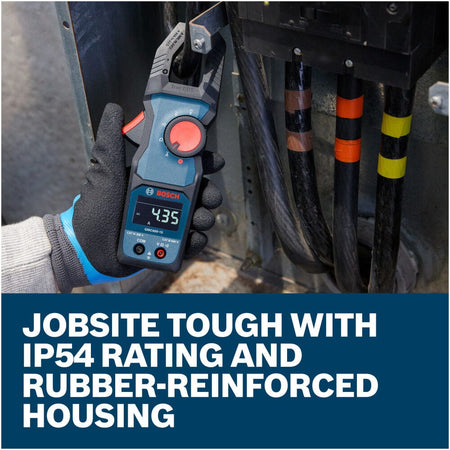 An electrician wearing protective work gloves using the Bosch PRO GMC 600-15 Digital Clamp Meter to troubleshoot wires inside a commercial breaker panel. The lower text reads Jobsite tough with IP54 rating and rubber-reinforced housing, demonstrating real world use of the tool in demanding structural conditions.