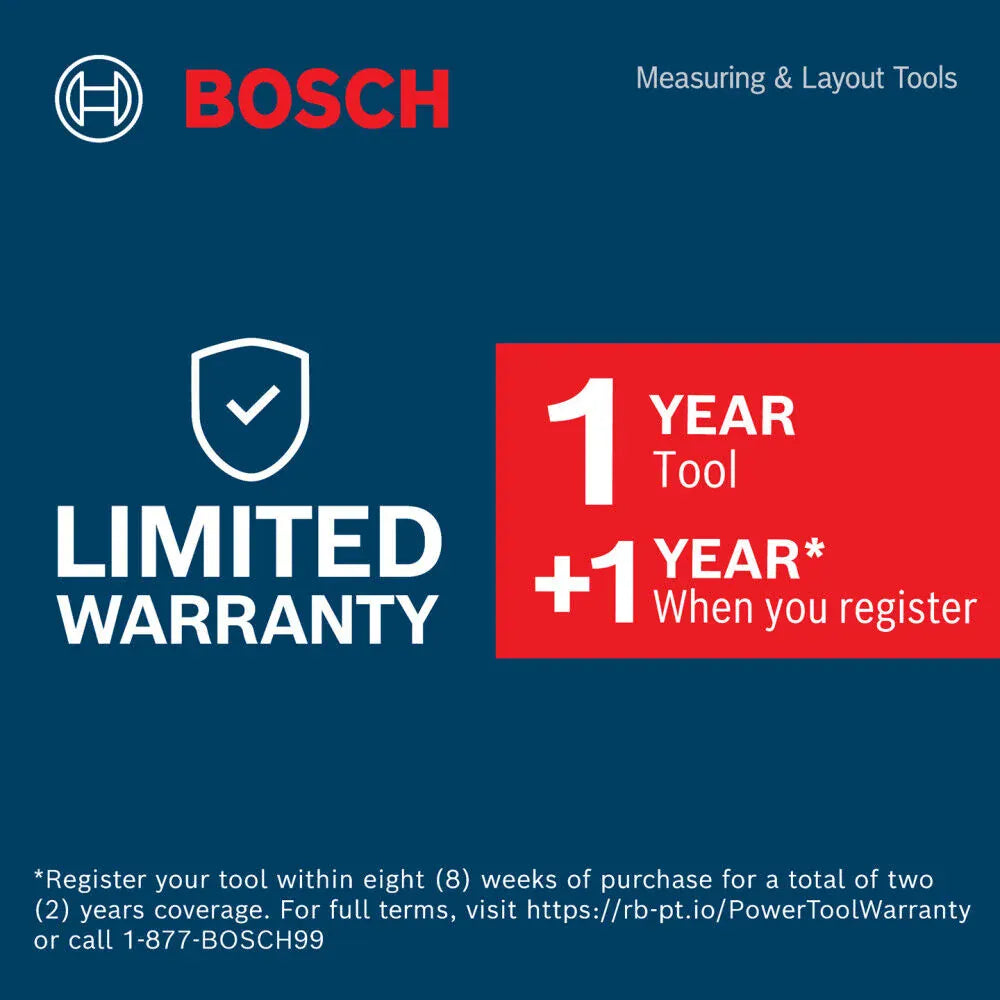 Bosch Measuring and Layout Tools product warranty details graphic on a dark blue background. The marketing card indicates a 1 year tool limited warranty along with an additional 1 year bonus extension upon online tool registration within eight weeks of purchase.