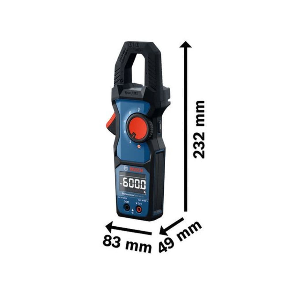 Bosch PRO GMC 600-15 Digital Clamp Meter dimensional specifications diagram. Black arrows indicate structural measurements of the diagnostic multi tester in millimeters, marking a height of 232 mm, a width of 83 mm, and a side depth of 49 mm against a plain white background.