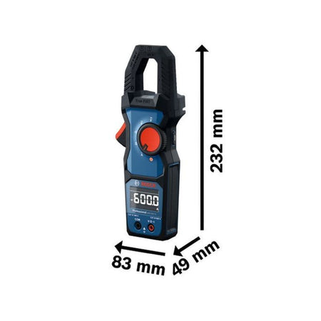 Bosch PRO GMC 600-15 Digital Clamp Meter dimensional specifications diagram. Black arrows indicate structural measurements of the diagnostic multi tester in millimeters, marking a height of 232 mm, a width of 83 mm, and a side depth of 49 mm against a plain white background.