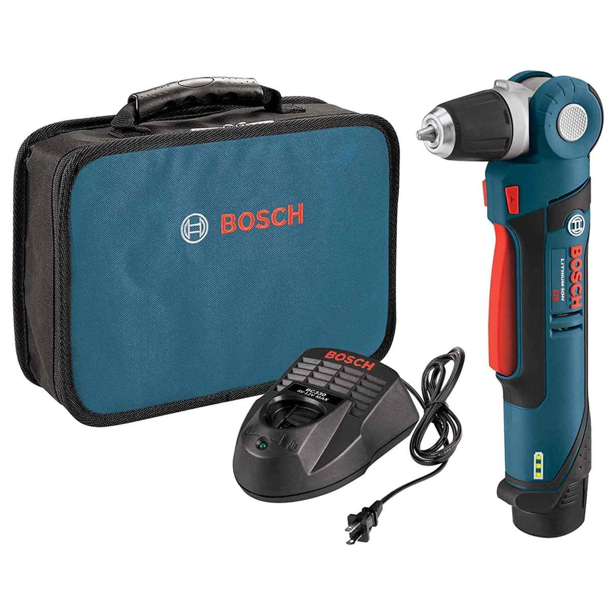 A studio product shot of the Bosch 12V Max right angle drill driver kit, including the handheld tool with its pivoting head at a 90-degree angle, a 2.0 Ah lithium-ion battery, a battery charger, and a blue and black zippered carrying bag with the Bosch logo.