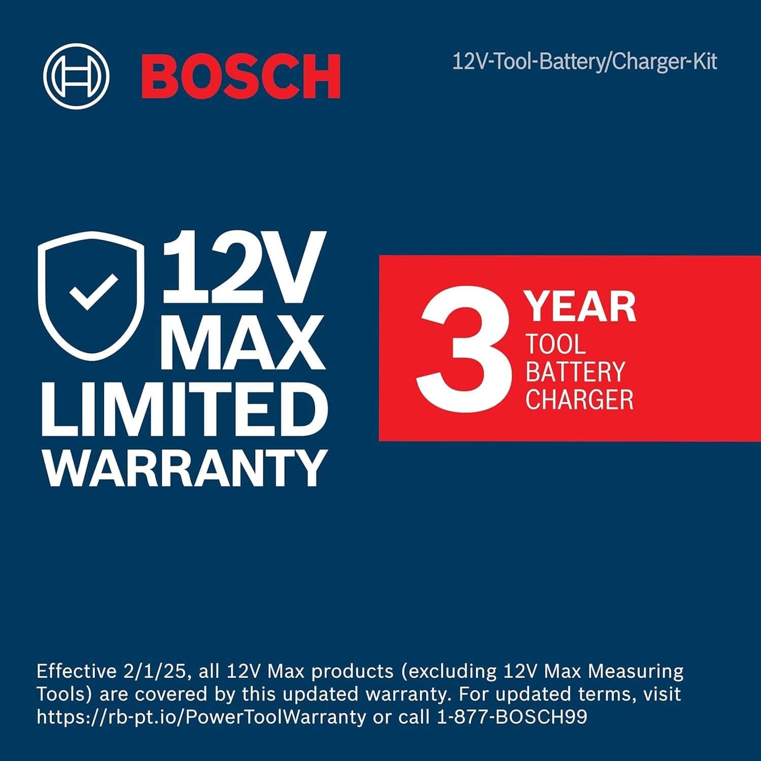 A graphic detailing the Bosch 12V Max Limited Warranty, featuring the Bosch logo and text stating a 3-year warranty for the tool, battery, and charger, effective February 1, 2025.