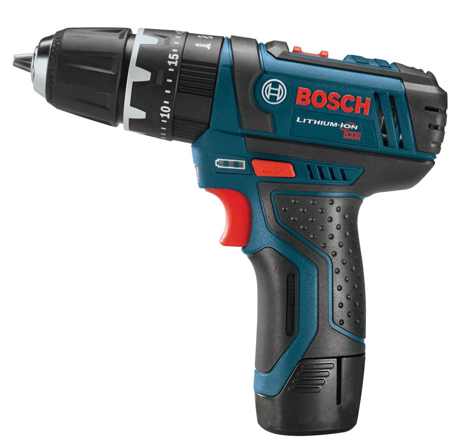A side profile view of the blue and black Bosch PS130-2A hammer drill driver, showing the keyless chuck, torque adjustment ring, battery level indicator, and red trigger switch.