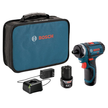 The Bosch PS21-2A kit components displayed together, including the 12V Max pocket driver, a spare battery, a battery charger, and a blue soft carrying case with the Bosch logo.