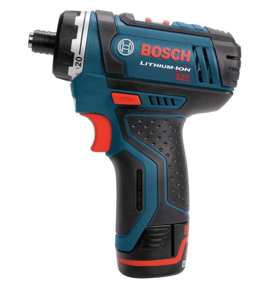 A side profile view of the blue and black Bosch PS21-2A pocket driver showing the 1/4 inch hex chuck, torque adjustment ring, and ergonomic grip.