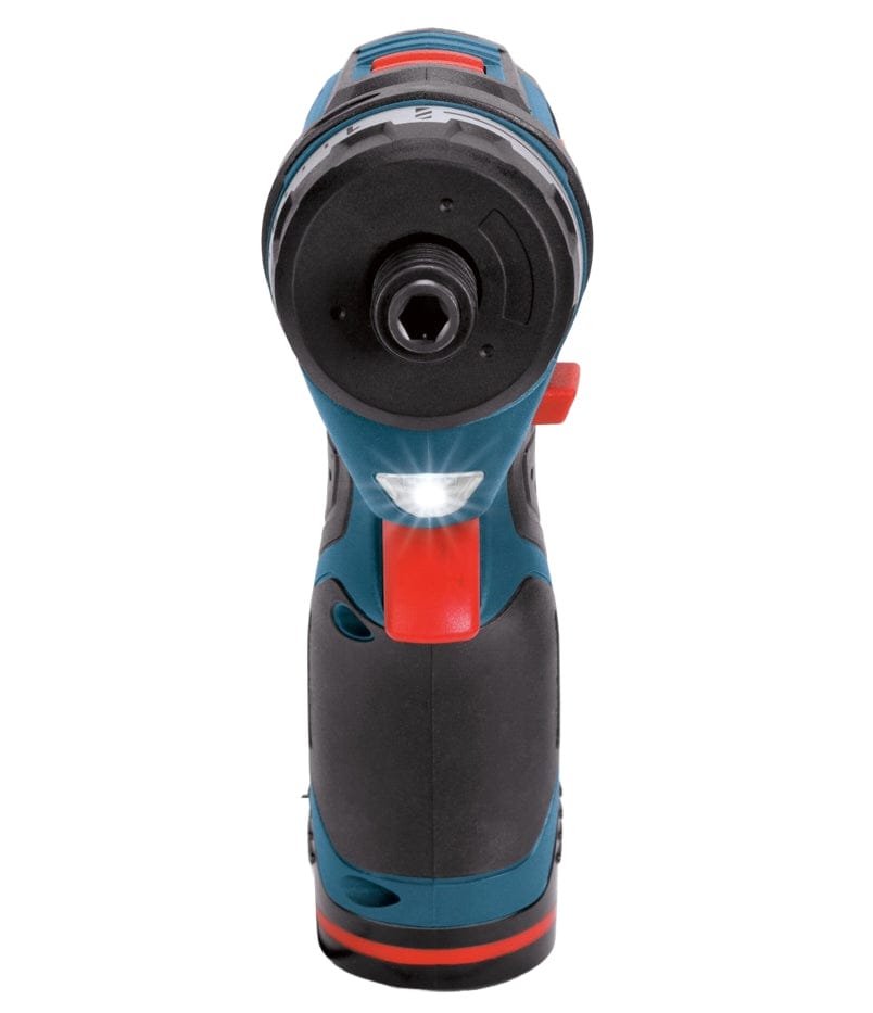A front-facing view of the Bosch PS21-2A pocket driver, showing the 1/4 inch hex chuck and the LED light located directly below the chuck illuminating outward.