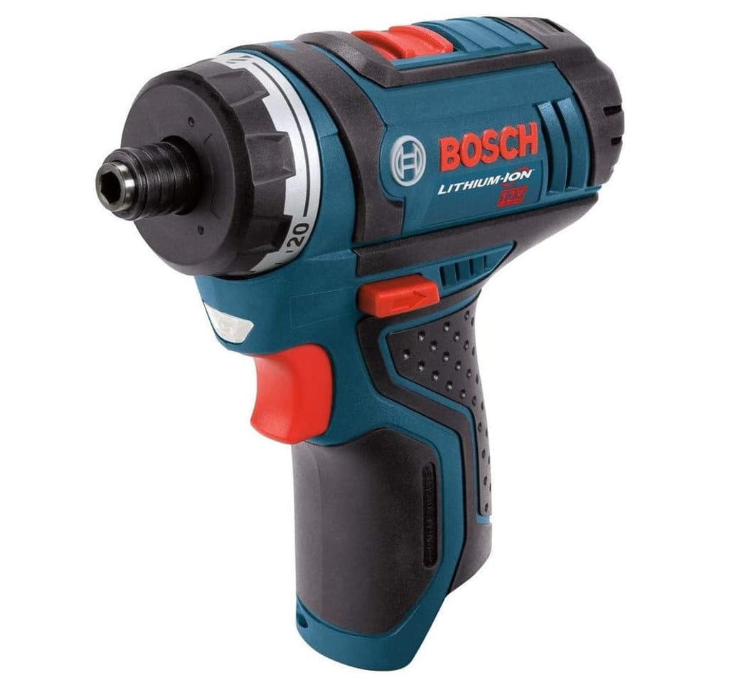 Angled front view of the Bosch PS21BN-RT 12V Max cordless pocket driver showing the 1/4 inch quick-change hex chuck and compact head design.