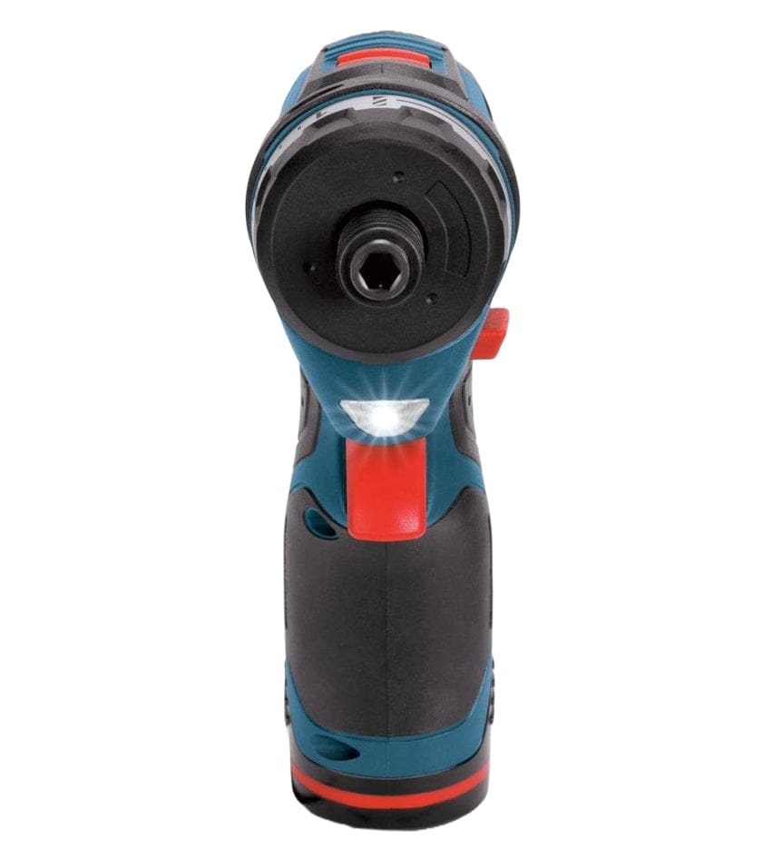 Front-facing view of the Bosch cordless hex screwdriver focusing on the integrated LED work light and the 20+1 precision clutch settings.