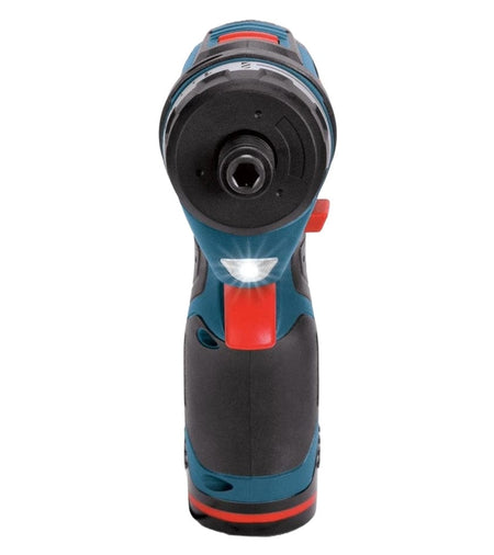 Front-facing view of the Bosch cordless hex screwdriver focusing on the integrated LED work light and the 20+1 precision clutch settings.