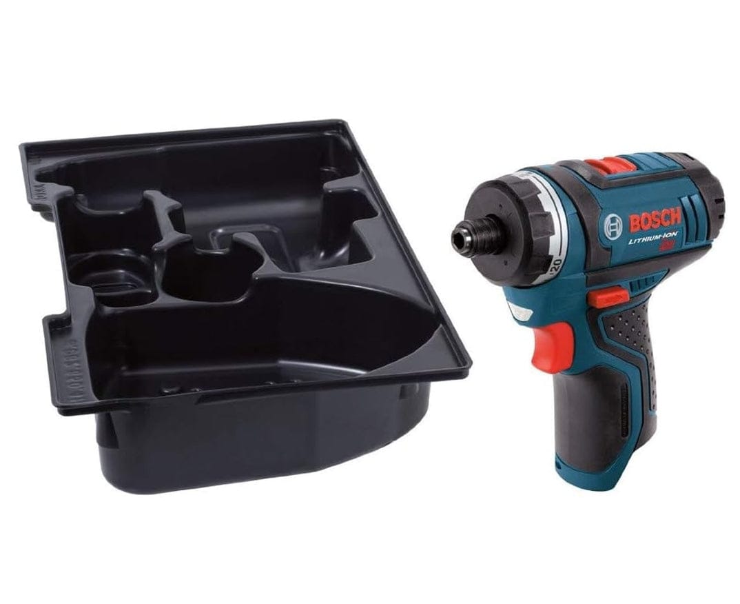 The Bosch PS21BN-RT reconditioned bare tool shown alongside its custom-fit black L-BOXX tool insert tray for organized jobsite storage.