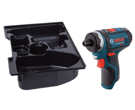 The Bosch PS21BN-RT reconditioned bare tool shown alongside its custom-fit black L-BOXX tool insert tray for organized jobsite storage.