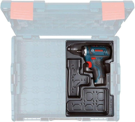 An overhead view of the Bosch 12V Max pocket driver securely stored within its specialized L-BOXX tool tray inside a Bosch storage case.