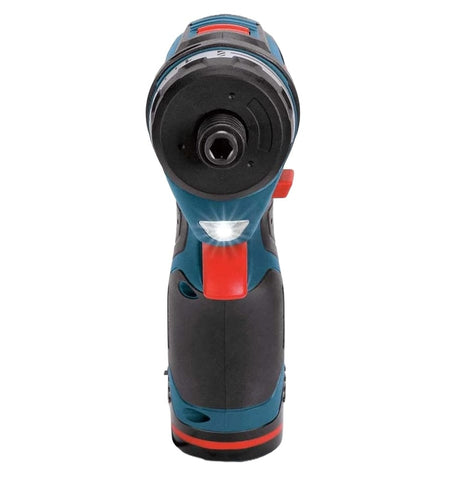 A front-perspective view of the pocket driver focusing on the 1/4-inch hex quick-change chuck and the integrated LED light positioned just above the trigger to illuminate the workspace.