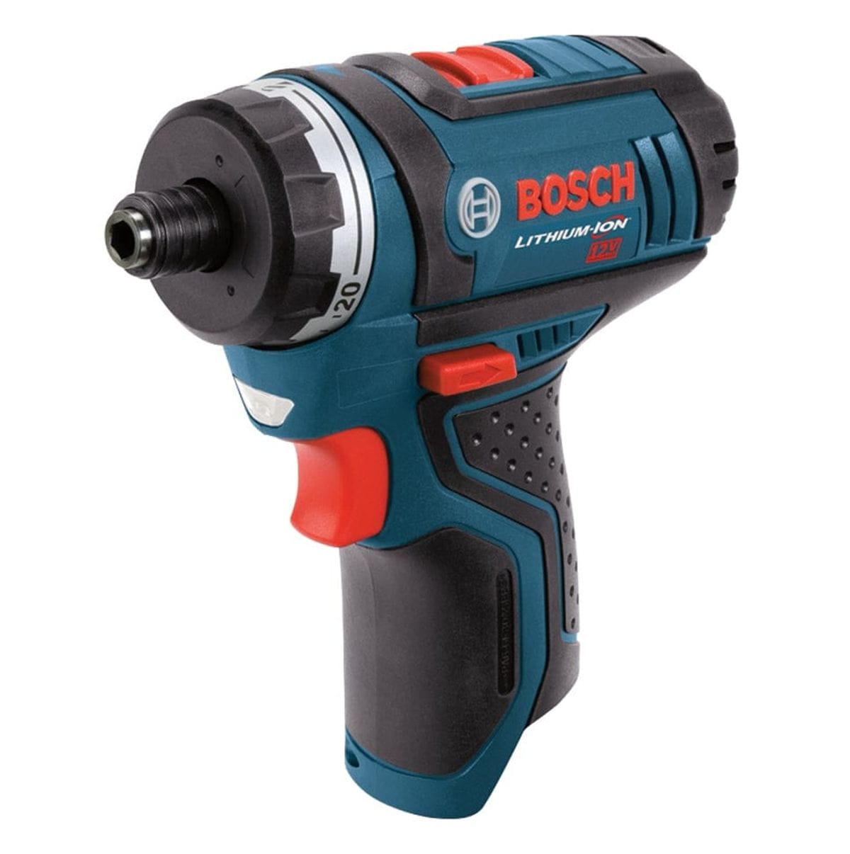 A side profile view of the Bosch PS21N 12V Max cordless pocket driver, featuring a compact blue and black ergonomic body, a 1/4-inch hex quick-change chuck, and a 20+1 position clutch ring.
