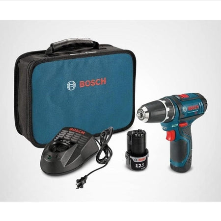 The Bosch PS31-2A kit components displayed together, including the blue soft carrying case, a plug-in battery charger, a spare 12V Max Lithium-Ion battery, and the 3/8-inch drill driver standing upright.