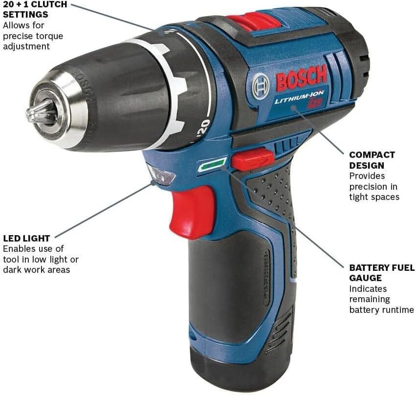 A diagram of the Bosch PS31-2A drill driver highlighting features: 20 + 1 clutch settings for precise torque adjustment, a compact design for precision in tight spaces, an LED light for dark work areas, and a battery fuel gauge to indicate remaining runtime.