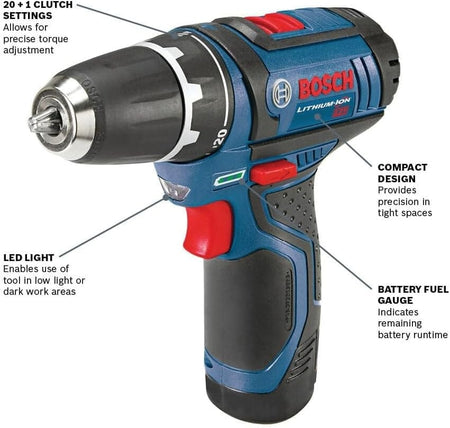 A diagram of the Bosch PS31-2A drill driver highlighting features: 20 + 1 clutch settings for precise torque adjustment, a compact design for precision in tight spaces, an LED light for dark work areas, and a battery fuel gauge to indicate remaining runtime.