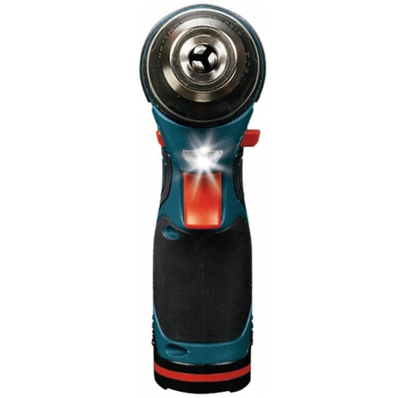 A direct front view of the Bosch PS31-2A drill driver, focusing on the open 3/8-inch three-jaw chuck and the LED work light illuminating from the base of the handle neck.