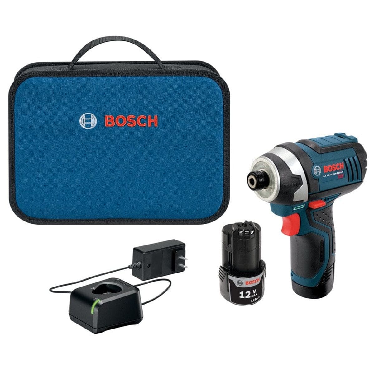 The Bosch PS41-2A kit components displayed together, including the blue soft carrying case, a plug-in battery charger, a spare 12V Max Lithium-Ion battery, and the 1/4-inch hex impact driver standing upright.