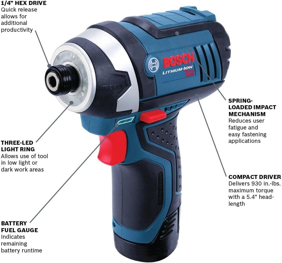 A diagram of the Bosch PS41-2A impact driver highlighting features: a 1/4-inch hex drive with quick release, a three-LED light ring for visibility, a battery fuel gauge, a spring-loaded impact mechanism to reduce fatigue, and a compact 5.4-inch head length.