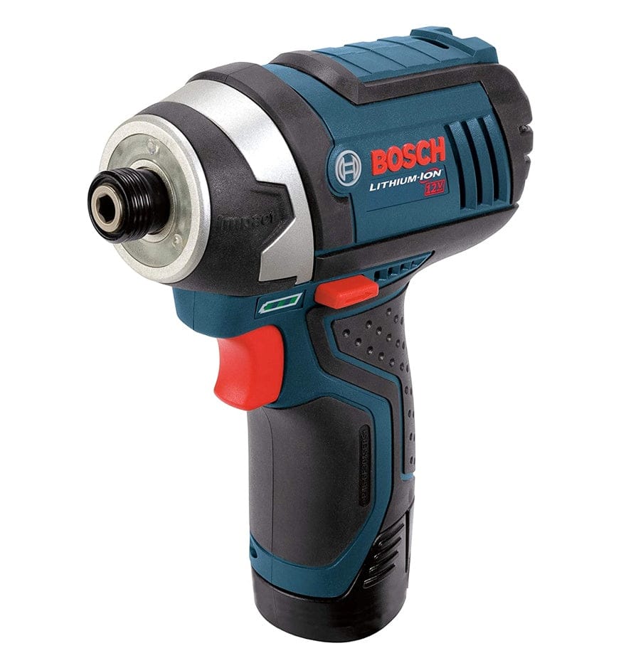 A side profile view of the blue and black Bosch PS41-2A impact driver, showing the 1/4-inch hex chuck, side vent slots, battery level indicator, and ergonomic grip.