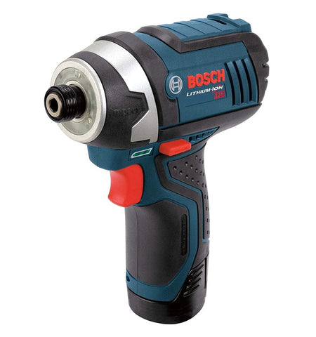 A side profile view of the blue and black Bosch PS41-2A impact driver, showing the 1/4-inch hex chuck, side vent slots, battery level indicator, and ergonomic grip.