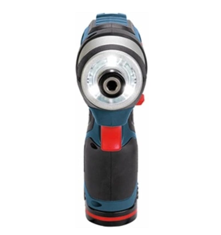A front-facing view of the Bosch PS41-2A impact driver, featuring the 1/4-inch hex chuck surrounded by a three-LED light ring that is illuminated.
