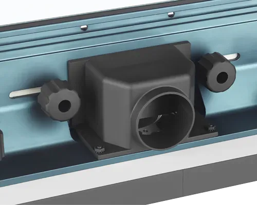 A detailed product close-up showcasing the empty 2-1/2 inch vacuum hose port housing attached to the rear track of the blue anodized aluminum router table fence system.