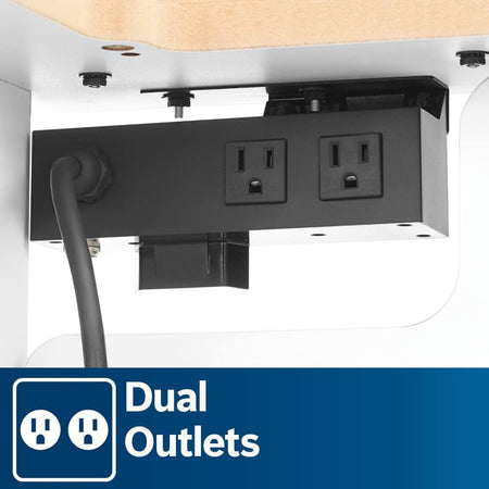 A close-up under-table view of the integrated black electrical power strip housing two grounded plug receptacles, accompanied by a blue informational icon labeled Dual Outlets.