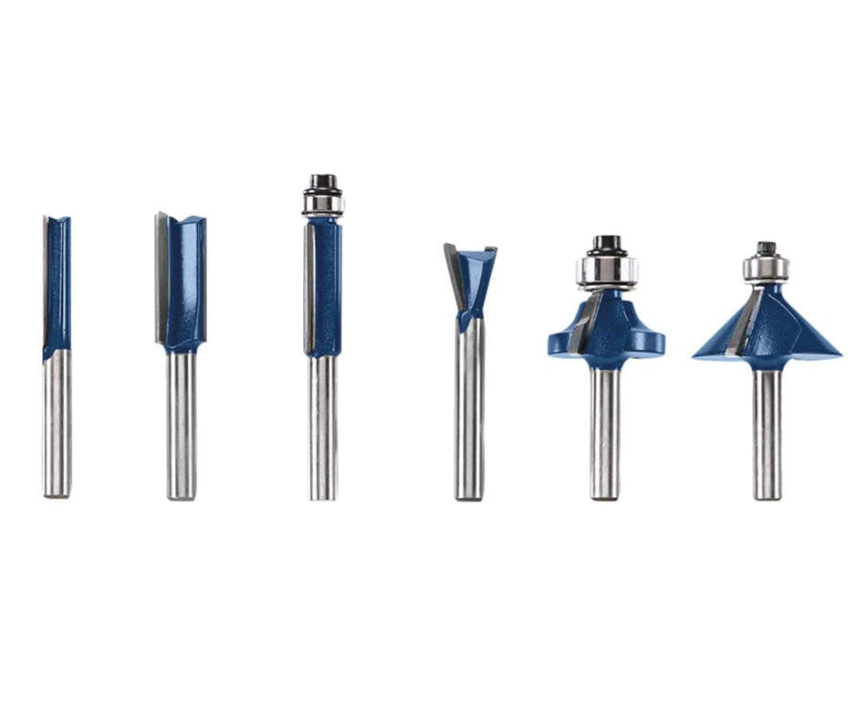 Studio view of six assorted Bosch carbide-tipped router bits with blue shanks arranged in a row.