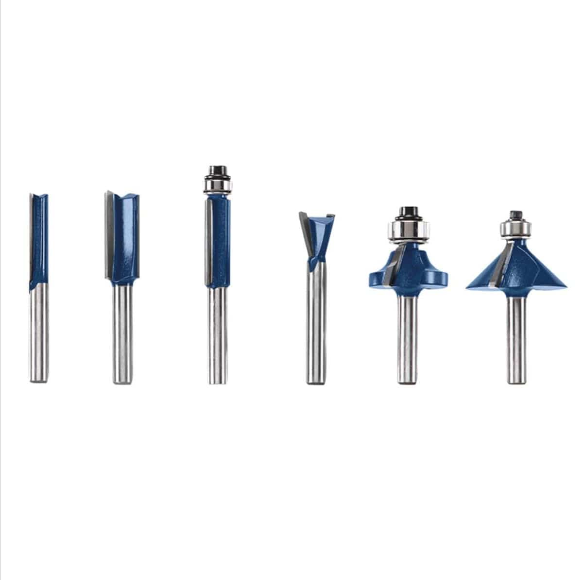 Studio view of six assorted Bosch carbide-tipped router bits with blue shanks arranged in a row.