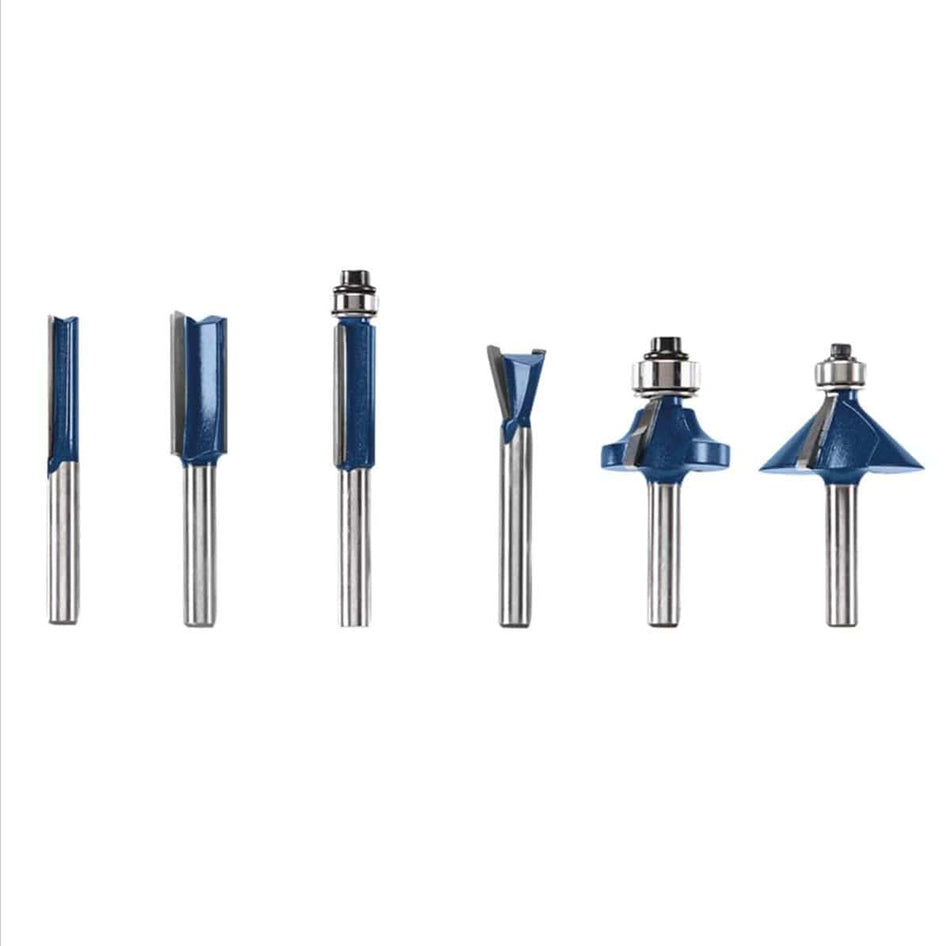 Studio view of six assorted Bosch carbide-tipped router bits with blue shanks arranged in a row.